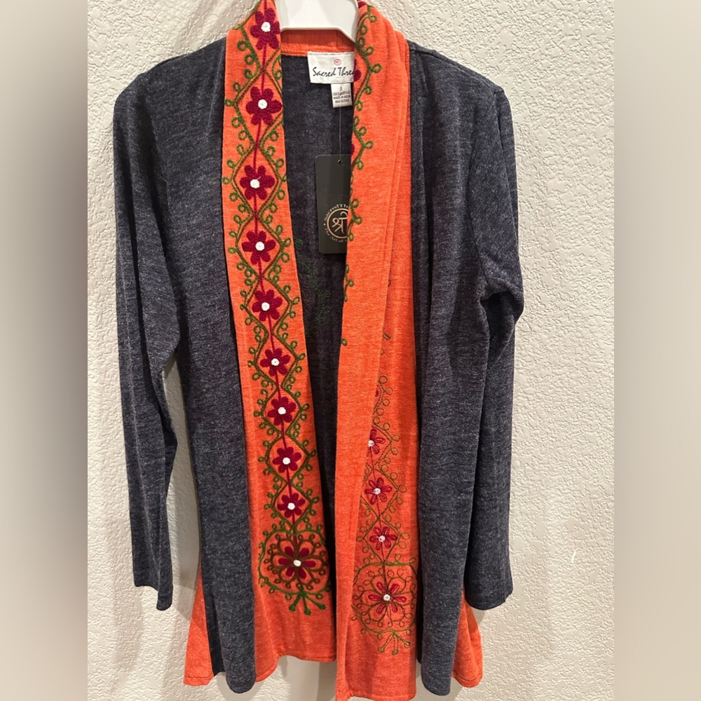 NWT Sacred Threads Women's Blue Orange Embroidered Boho Long Cardigan Size S